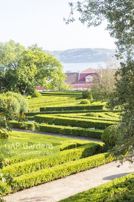View over the Box Parterre of lines of clipped hedges with view to the River Tajus., Lisbon, Portugal, September.
