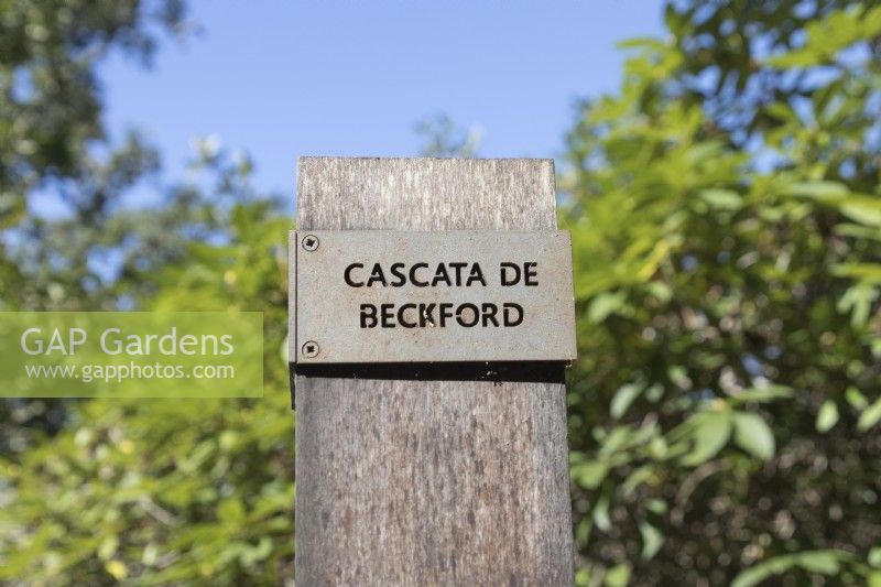 Sign for the Beckford Cascade. Sintra, near Lisbon, Portugal. September