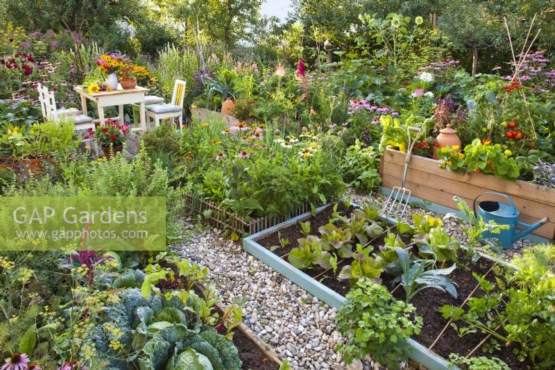 Organic kitchen garden with raised beds.