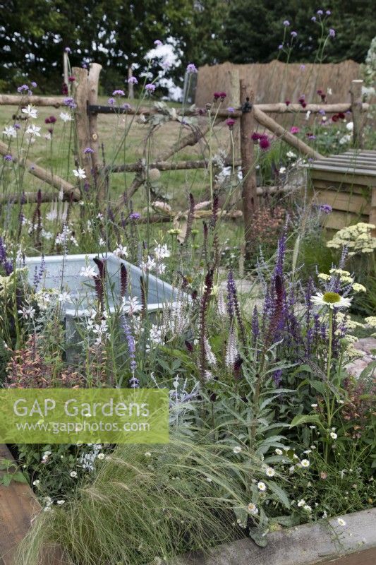 'The Earth Smiles with Flowers' at BBC Gardener's World Live 2021 - cottage garden with rustic path, beehive and soft perennial planting