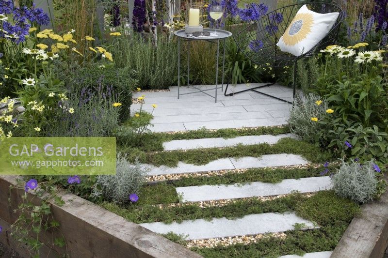 'The Power of Flowers is Everything' at BBC Gardener's World Live 2021 - camomile interspered with slim paving slabs and gravel leading to contemporary seating area surrounded by yellow and blue perennials
