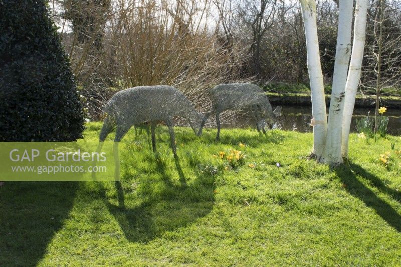 Wire deer statues amongst birch trees in John's Garden at Ashwood Nurseries - Kingswinford - Spring