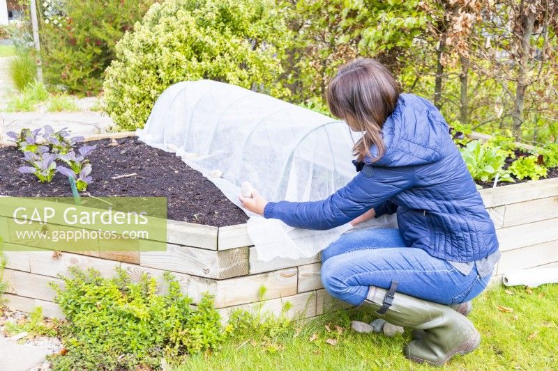 Woman placing stones along the edge of the fleece to keep it weighed down