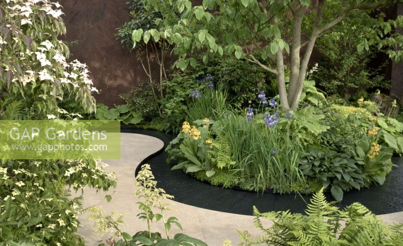 The Boodles Travel Garden, curved path with black edging against mixed bed with tree underplanted with perennials