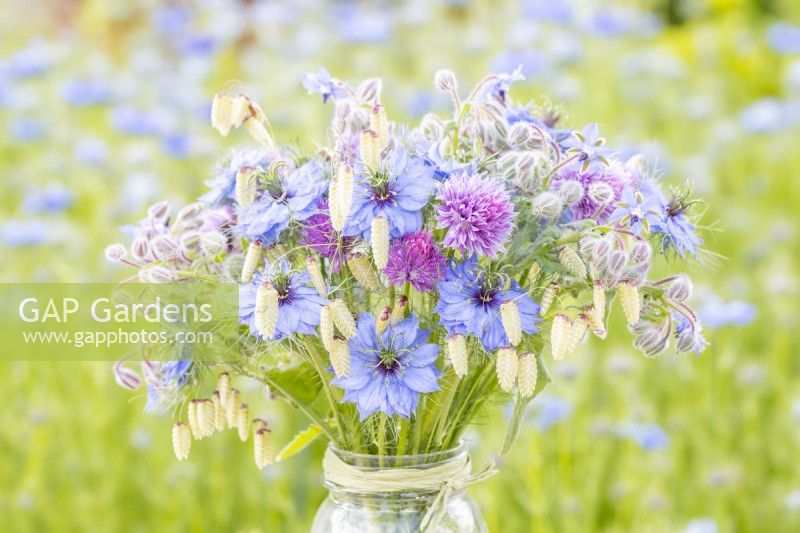 Bouquet containing Borage - Borago officinalis, Nigella 'Miss Jekyll', Chives - Allium schoenoprasum, Quaking grass - Briza maxima