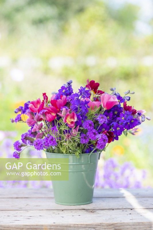 Bouquet containing Consolida ajacis 'Blue Spire', Verbena rigida 'Santos', Eschscholzia californica 'Carmine King', Nigella seed pods, Cosmos rubenza, Salvia viridis - Clary sage