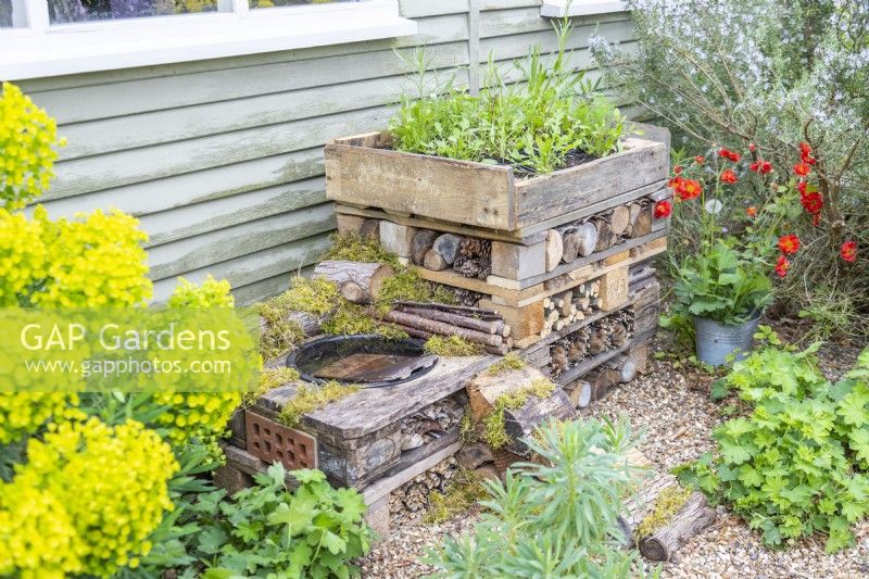 Bug hotel with a bed of wildflowers