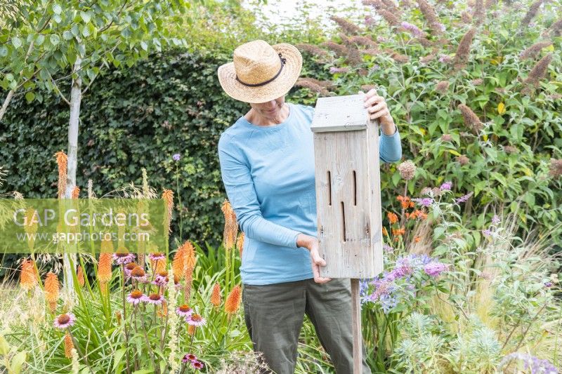 Woman placing butterfly hotel on the stand