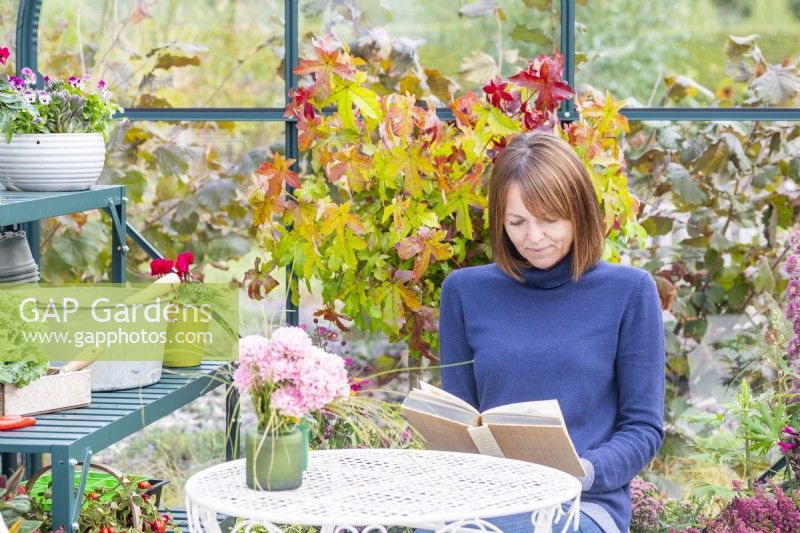 Woman sitting at a table reading in a greenhouse that has been filled with various plants and mixed containers