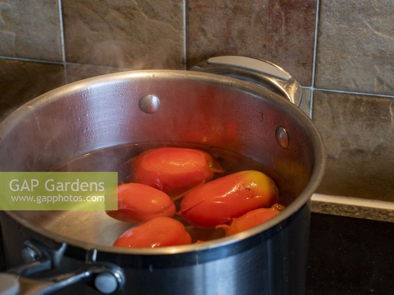 Ripe Roma tomatoes in boiling water to loosen skins