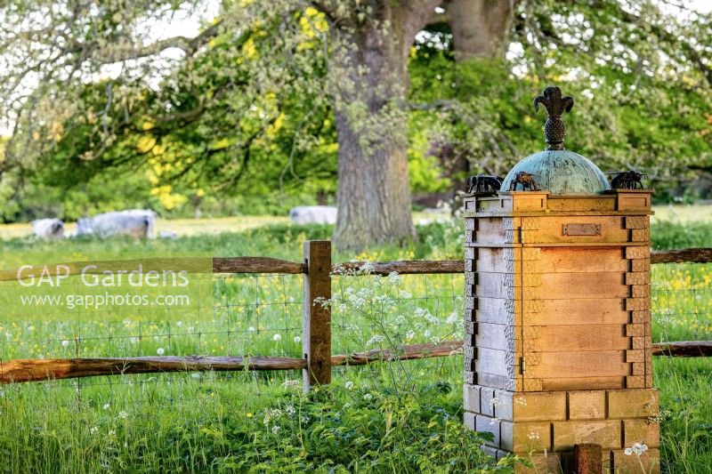 One of the royal beehives situated on the Lime Tree Avenue looking out over farmland, May, 2022.