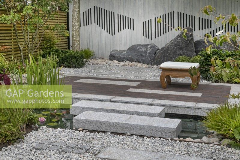 Raised meditation platform in The Memories of Mountains Garden Retreat Garden at BBC Gardeners World Live 2022