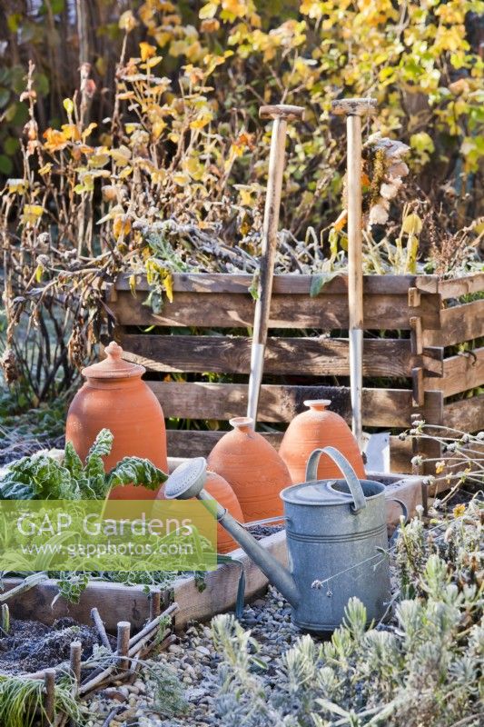 Raised bed with terracotta cloches and tools in front of compost heap.