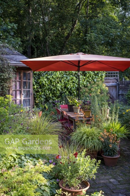 Small cottage style town garden built with wildlife in mind, large orange sunshade provides shade, and pots cover the paved patio