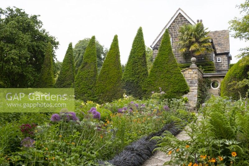Clipped Yew pyramids and double herbaceous borders in the Canal Garden at York Gate.