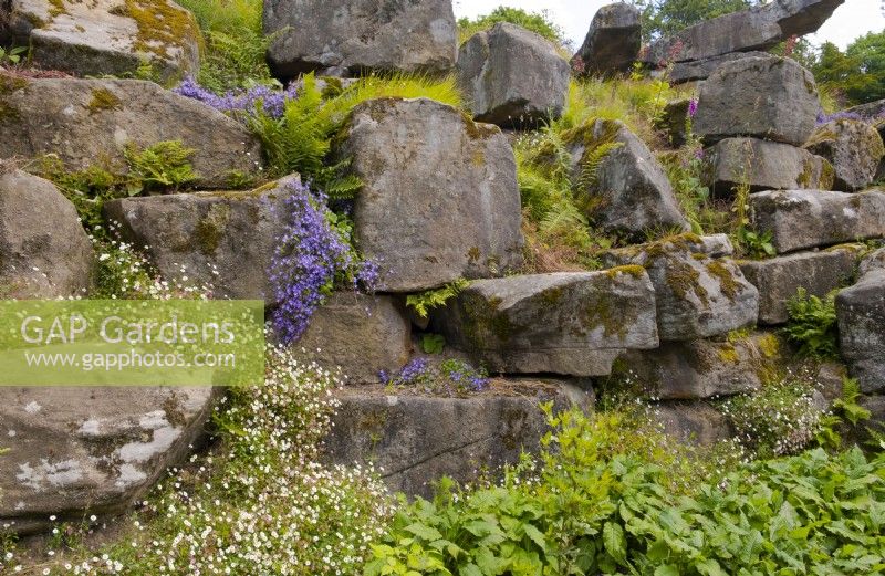 Naturalistic planting around rock formations in Paxton's Rock Garden, Chatsworth House and Garden.