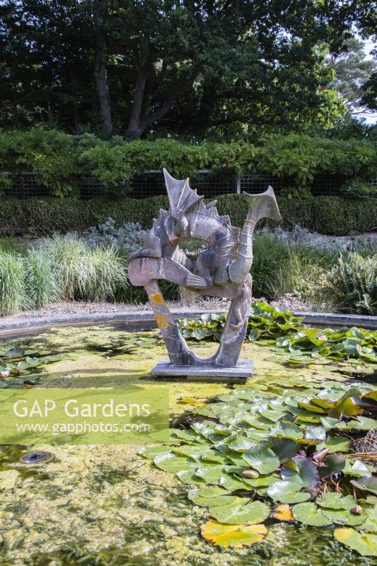 Dragon sculpture in pond with algae and water lilies.August. Summer