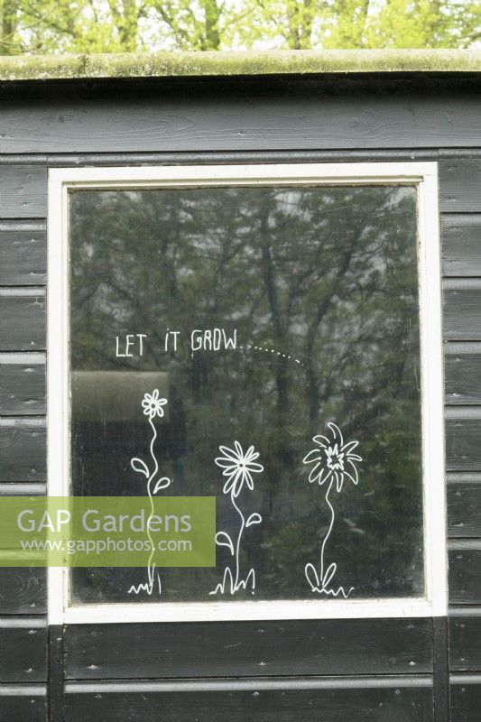 Flower drawings and Let it grow written on window.