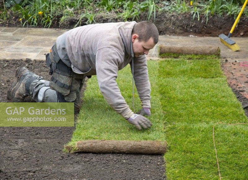 A worker laying new turf during the makeover of a London garden.