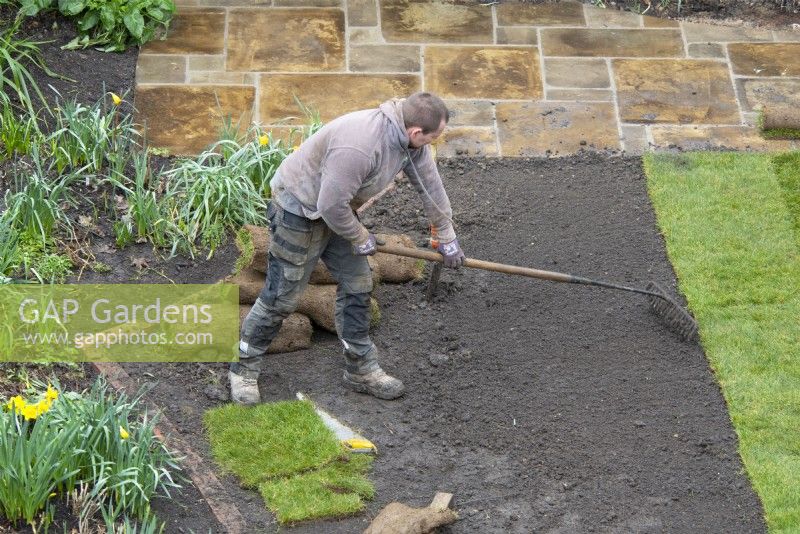 A garden worker raking soil in preparation for laying turf during a garden makeover.