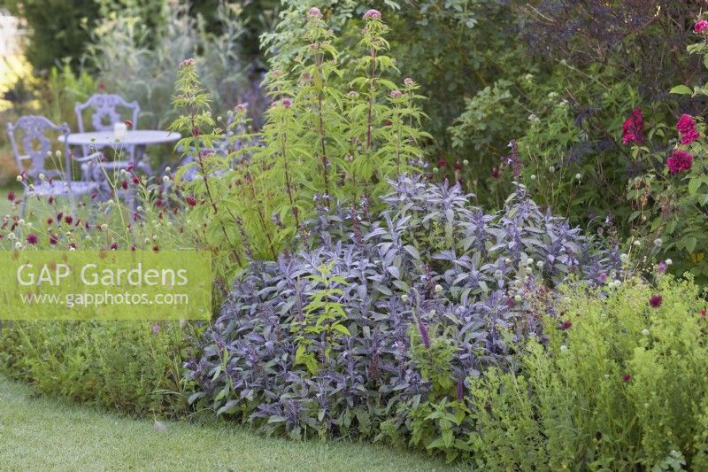 Naturalistic summer border with seating in background. 