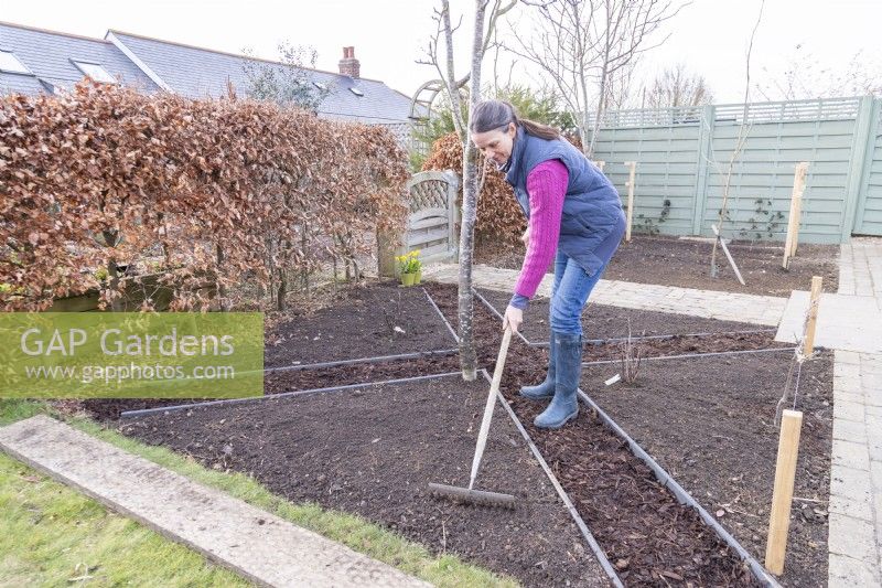 Woman using a rake to level out the soil outside of the path