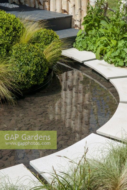 Curved white paving creating an edge around shallow garden pool