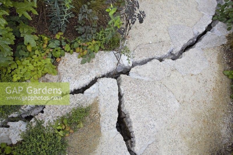 Cracked pathway made from demolition waste materials.