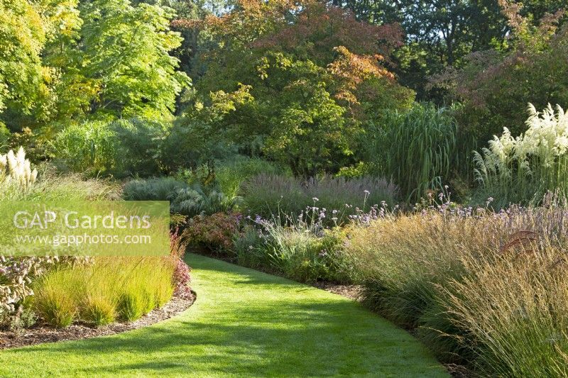 Mixed perennial borders line the lawned path of 'The Long Walk' at Knoll Gardens in Dorset