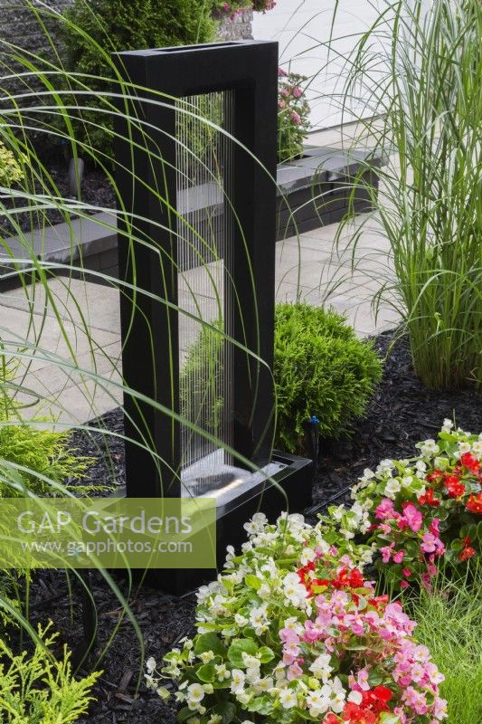 Lit black rectangular metal frame water fountain bordered by Thuja occidentalis shrubs and Begonia flowers in front yard garden in summer.