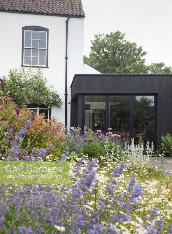 The house and modern extension seen from the bottom of the garden across the flower borders and meadow lawn.