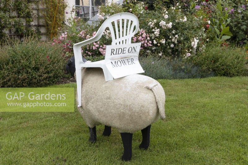 A large sheep ornament on a lawn with a plastic chair on its back and a sign reading Ride on Mower. A mixed flower bed with a variety of flowering plants is in the background. Harbour Lights, Devon NGS garden. July. 
