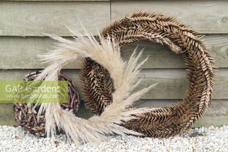 Wreathes made of pampas grass, monkey puzzle and birch branches