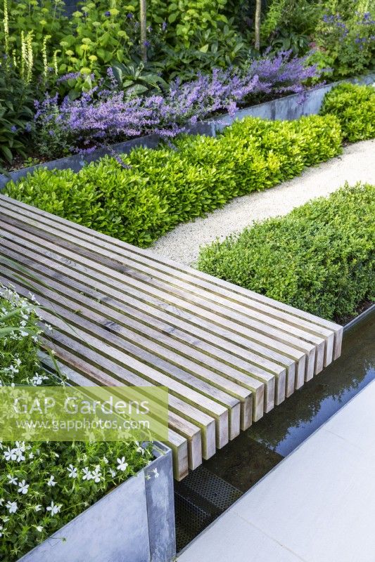 Slatted wooden bench next to water rill and formal low hedges in modern garden