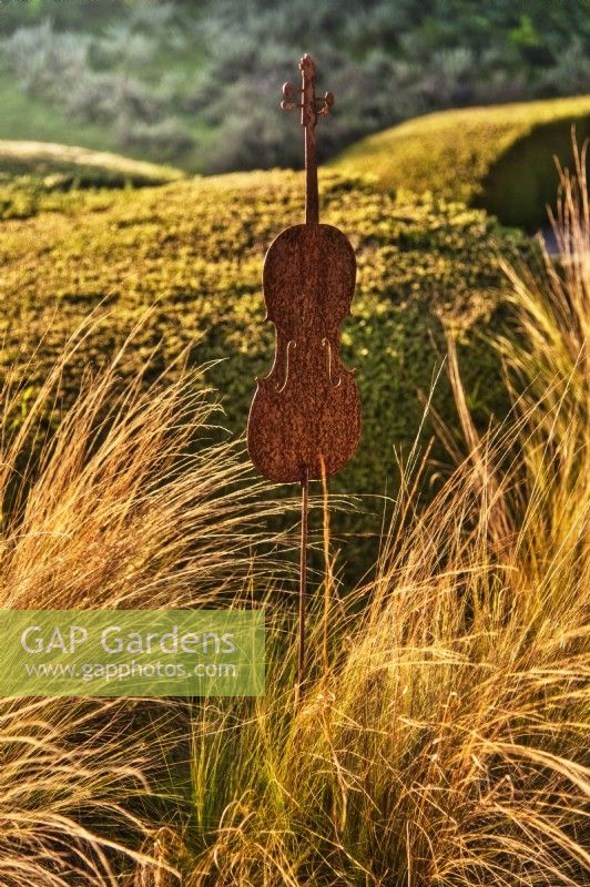 Mediterranean  garden view of zone near the entrance with grassland of Stipa tenuissima with violin sculpture in autumn time, sunlit with warm evening light.

Italy, Tuscan Maremma, Orbetello
Autumn season, October