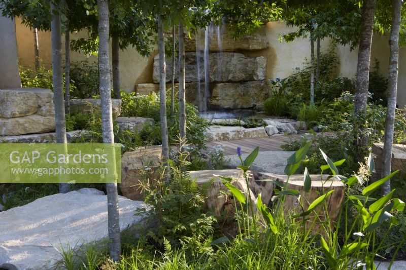 America's Wild garden. Designers: Emily Grayshaw, Imogen Perreau and Jude Yeo - Inspired Earth Design -  RHS Hampton Court Palace Garden Festival 2023. Waterfall, wooden walkway and rocks within woodland planting.