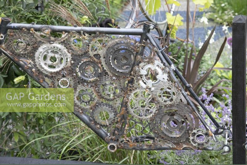 Bicycle sprockets as decorations in 'On Your Bike!' at BBC Gardener's World Live 2021 - August