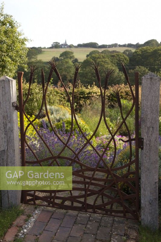 Drought tolerant garden filled with mediterranean plants. Bespoke Steel Gate allowed to rust, depicting corn and the fields, framing the view of the fields to Pett Church and entrance to The Jewel Garden -  Curved brick pathway. Nepeta 'Six Hills Giant' - Catmint,   Santolina chamaecyparissus ' Yellow Buttons', Euphorbia seguieriana subsp. niciciana. Gate Made by Jake Bowers The Thirsty Bear Forge Hastings