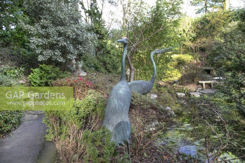 Metal sculptures of two cranes in The Japanese Garden at Compton Acres, Canford Cliffs, Dorset in March
