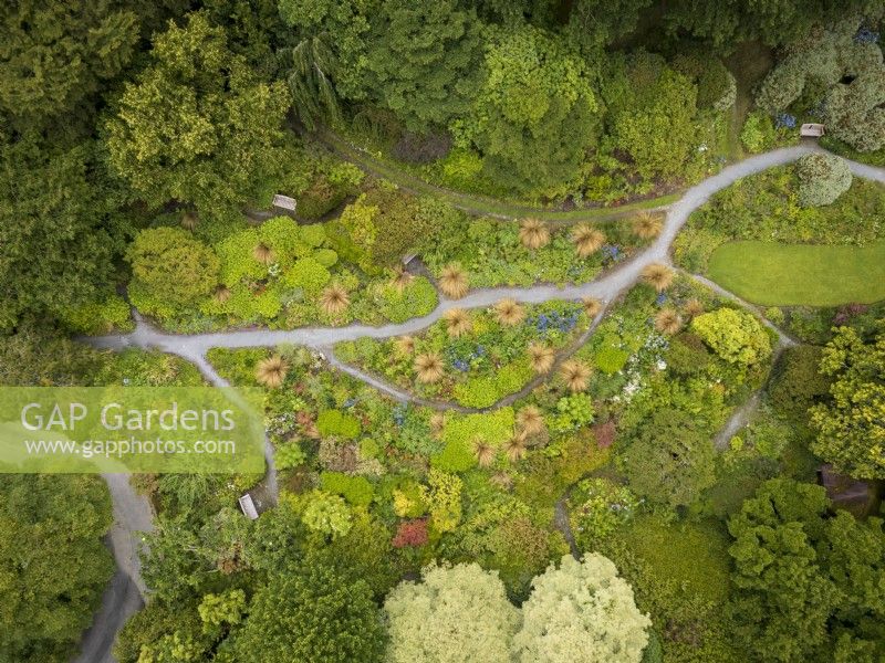 Aerial view of The Garden House in Devon showing the summer garden with Chionochloa rubra dotted through the perennial planting