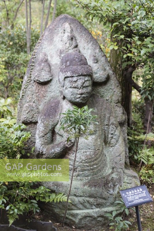 Seated Buddha with sign in Japanese and English.