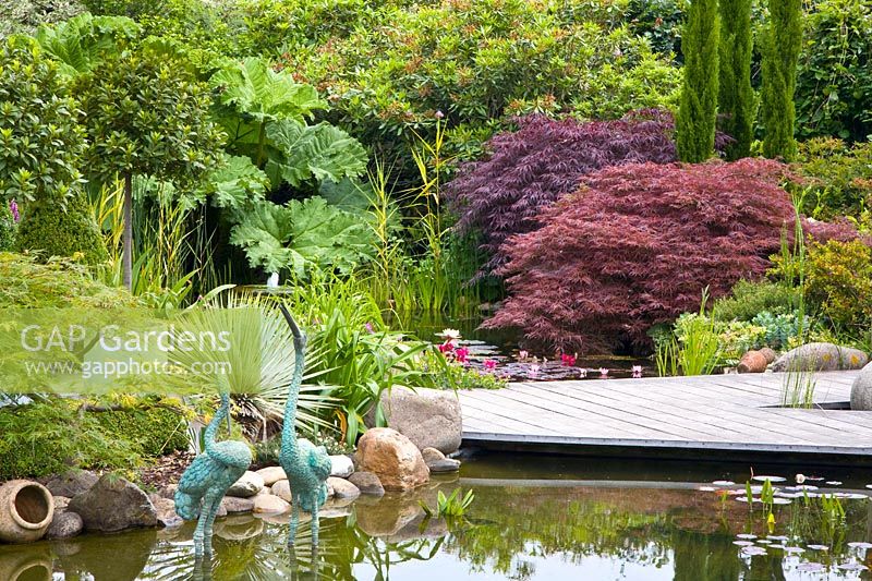 Pond with wooden walkway 