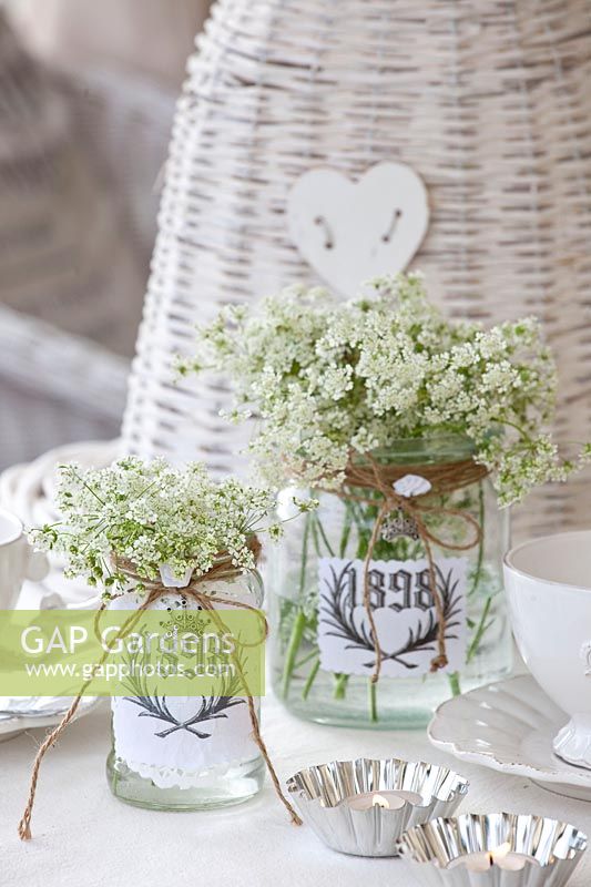 Decorated glasses with cow parsley, Anthriscus sylvestris 