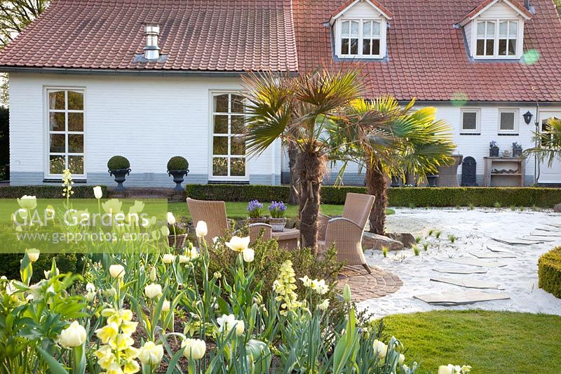 Seating area with Tulipa Maja, Tulipa Verona, Tulipa Francoise, Tulipa Ivory Floradale, Fritillaria persica Ivory Bells 