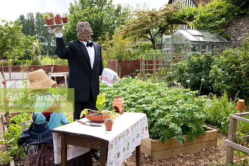 Bizarre scarecrows in the vegetable garden 
