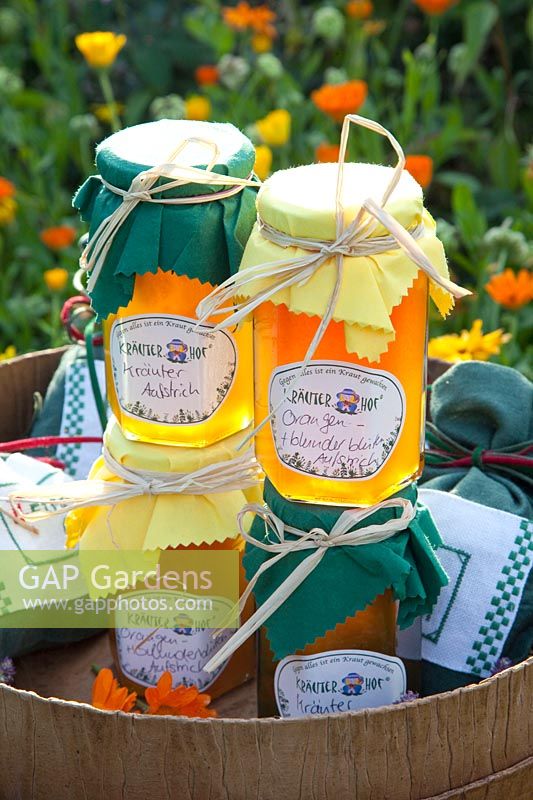 Homemade spread, herbal spread, elderflower-orange spread 