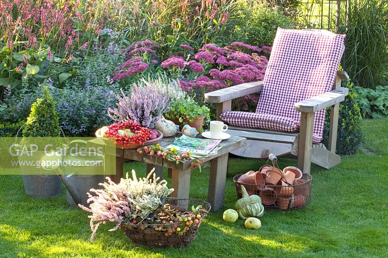 Seating area, Sedum Autumn Joy, Persicaria amplexicaulis High Society, Calluna vulgaris Garden Girls 
