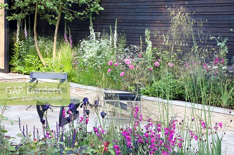 Raised bed, pink, gladiolus, Stipa gigantea 