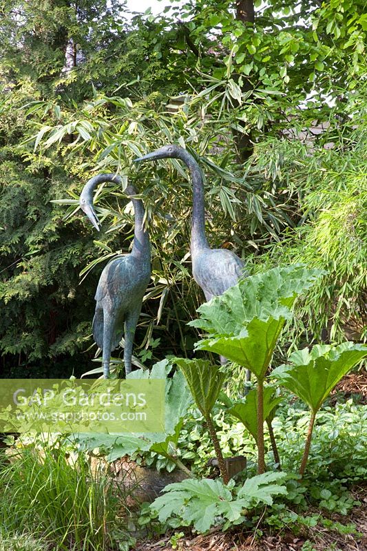 Bronze Egret with Bamboo, Gunnera 