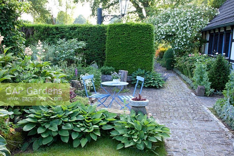 Seating area in the shade with Funkia, Hosta 